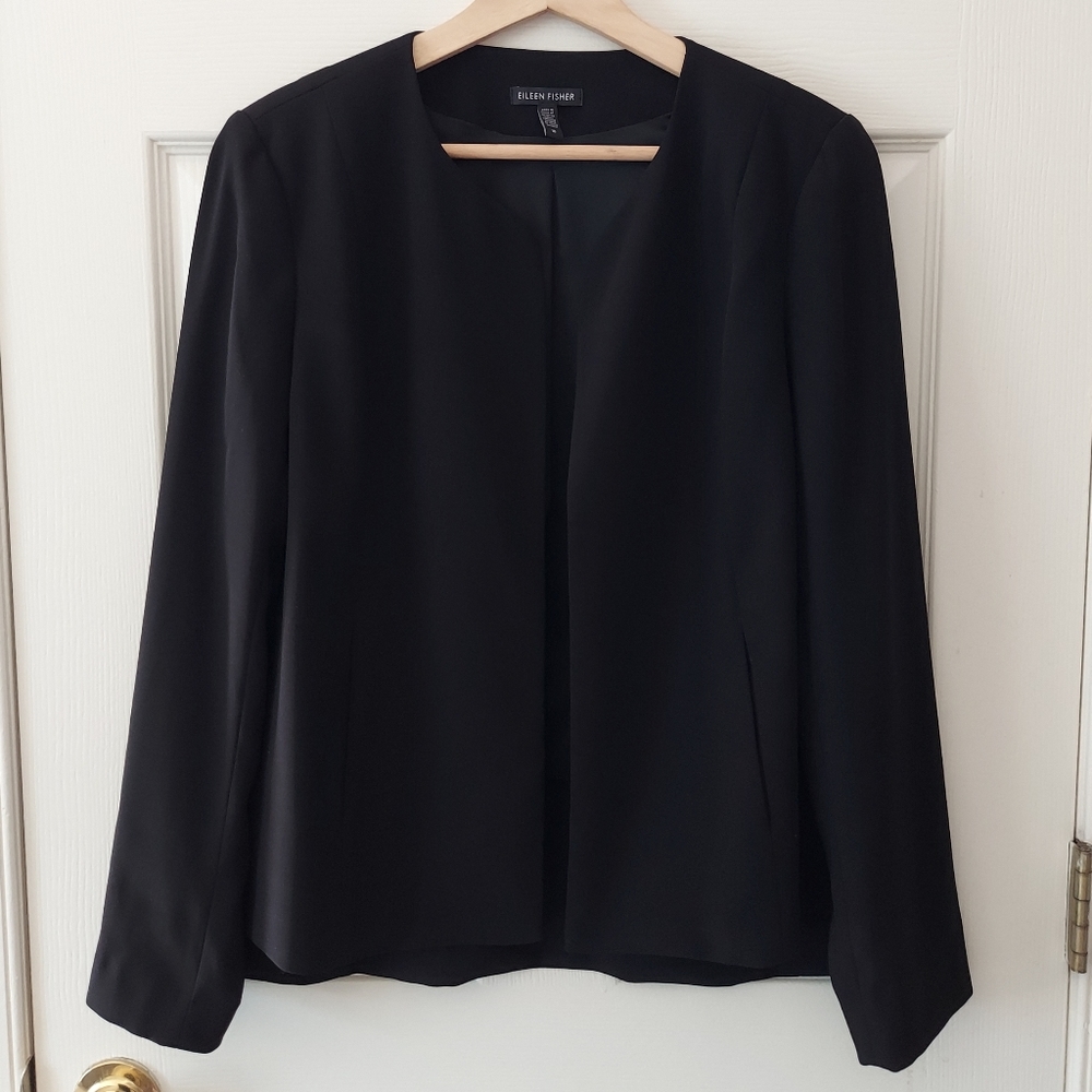 Eileen Fisher Black Open Front Round Neck Straight Line Jacket Size 10